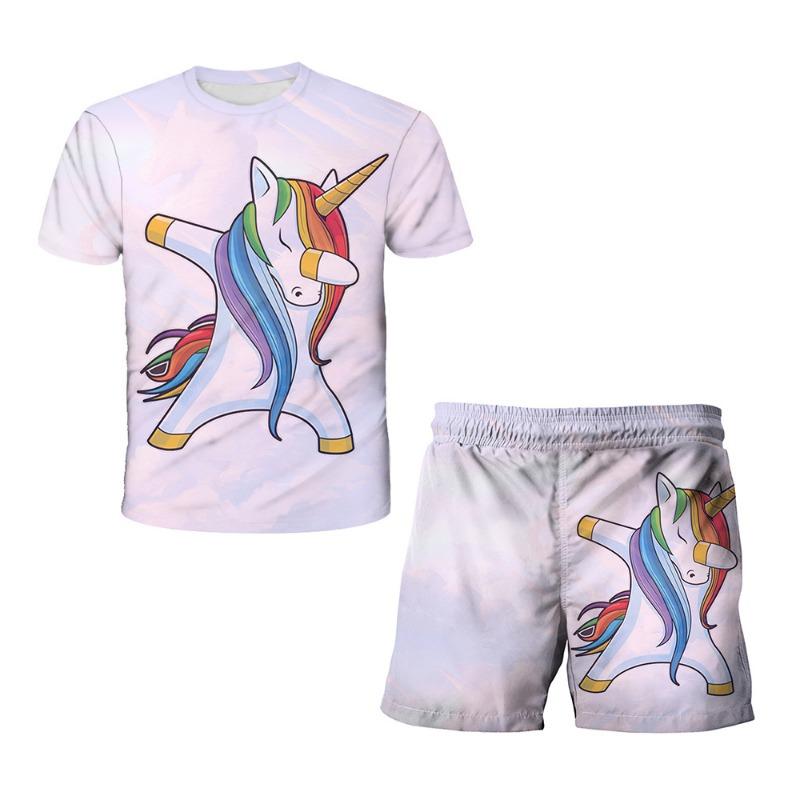 Unicorn Fashion Cute Girl Top T-shirt Short Sleeve+Shorts Two Piece Set Girls' and Children's Top Short Sleeve