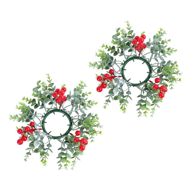 Holiday Decorative Candlestick Artificial Berries Wreath Candle Holder Rings for Christmas Table Centerpieces Ornament