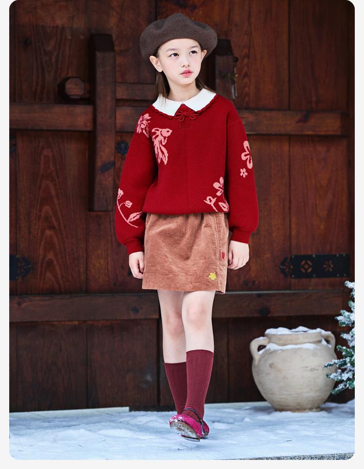 David Bella Girls' Knitted Sweater Autumn Collection New Children's Red Sweater Chinese Style Children's Clothing