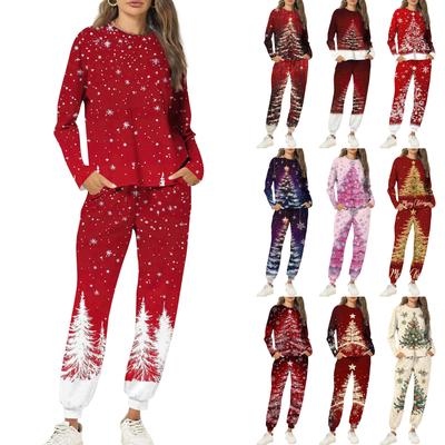 Sets For Women 2 Piece Round Neck Long Sleeve Shirts Printed Sweatpants Pocket Sets