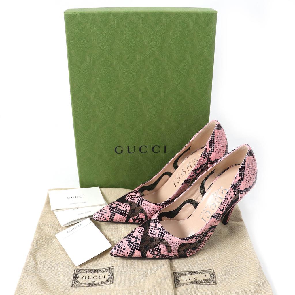 GUCCI pumps GG rhombus python print heels Pink black leather Women 36.5 738689 Used