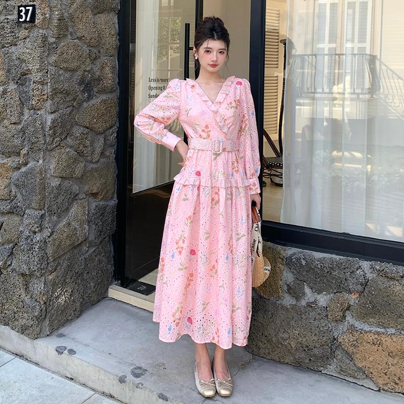 Spring Holiday Crochet Lace Embroidery Hollow Out Floral Print Party Dress Women's Long Sleeve Pearl Buttons Up Belt Clothing