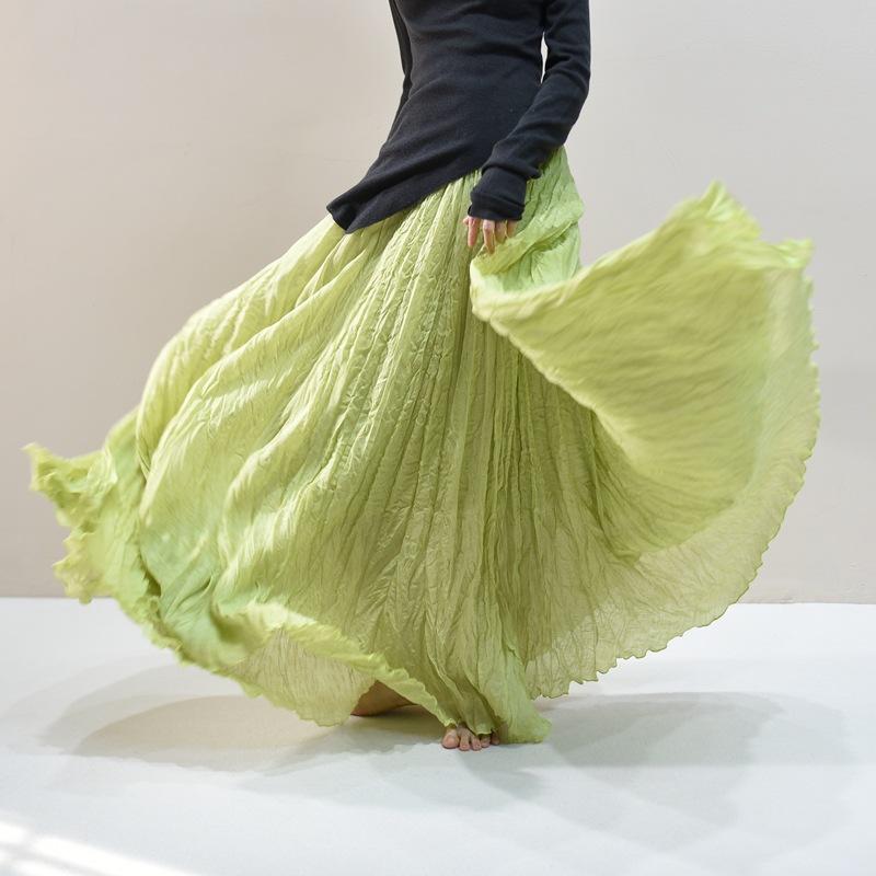 Women's Linen Maxi Skirts Summer Boho Solid Beach Elastic High Waist Pleated A-Line Flowy Swing Long Maxi Skirts Elastic Waist Long Skirt for Women