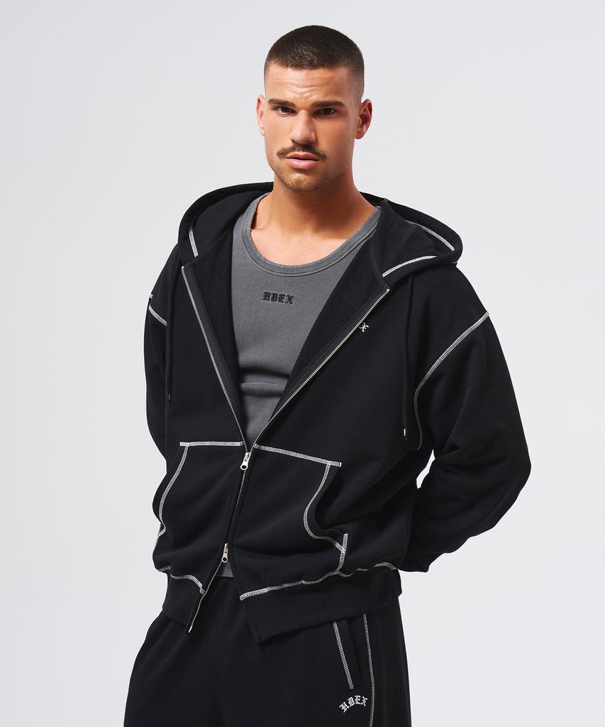 Contrast Stitch Zip-Up Hoodie (Black)
