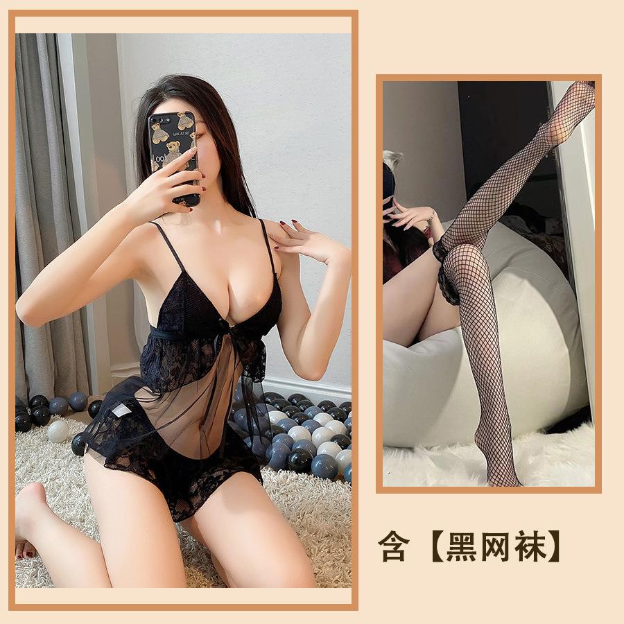 Sex clothes women's nightgown lace open crotch sexy pajama set suspenders uniform temptation gather steel ring