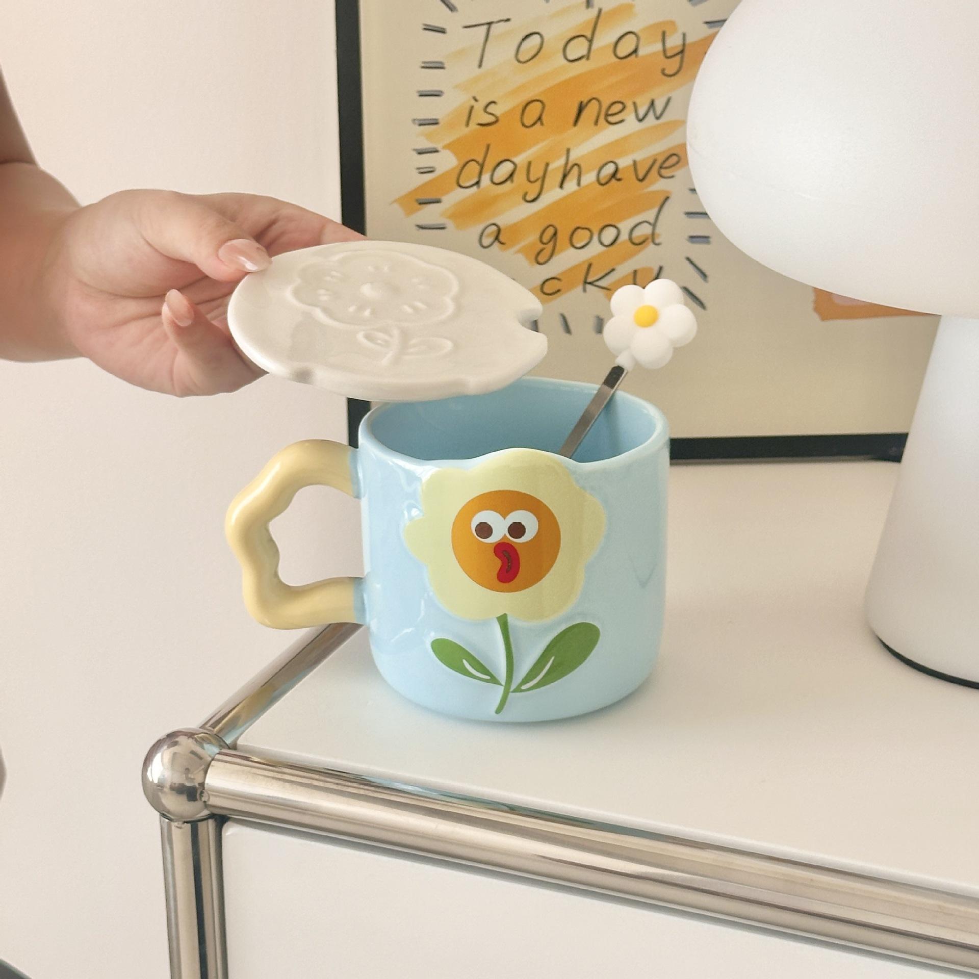 

Birthday Gift for Girls Practical Ceramic Mug with Lid Spoon Cup Couple Home Breakfast Coffee Milk Cup 301-400ml