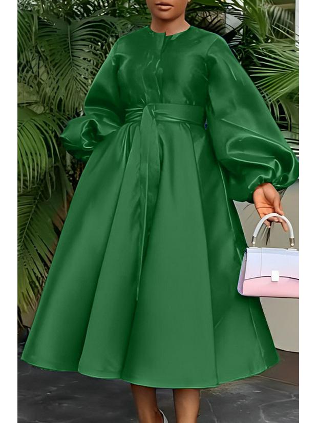 European & American Women's Solid Color Shiny Lantern Sleeve Dress