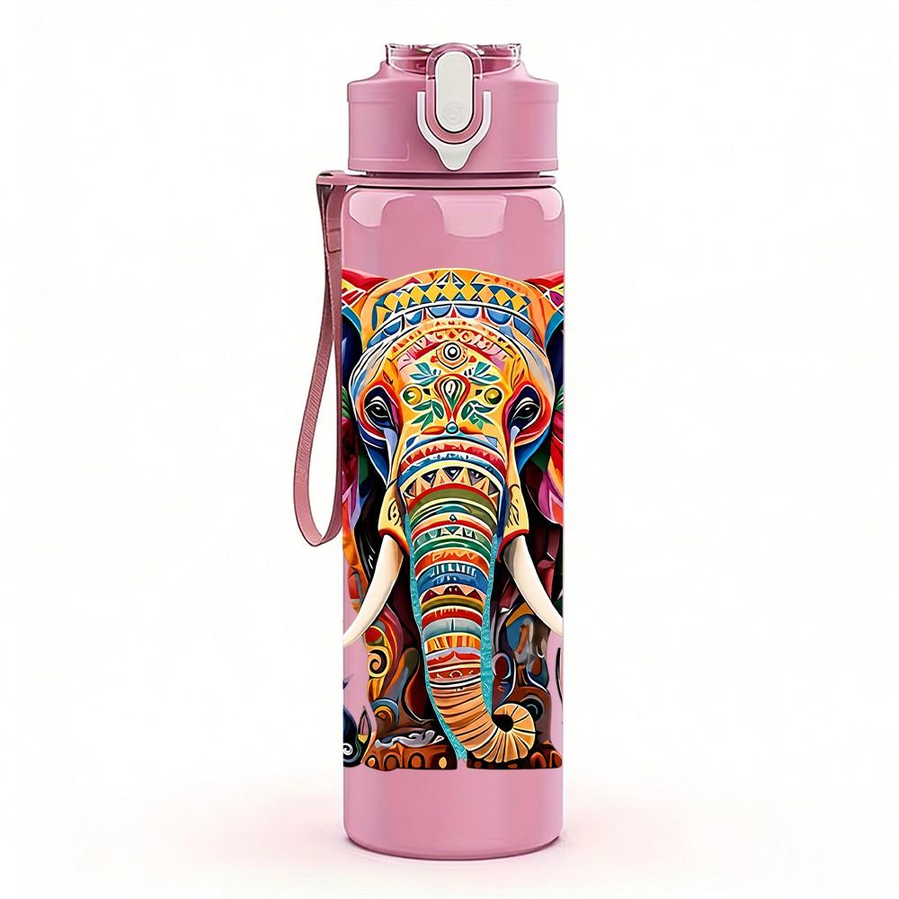 1PC Colorful Decorated Elephant Art Print 750ml Color Plastic Sports Water Bottle Leakproof Flip Straw Lid Suitable for Sports Office Home Use