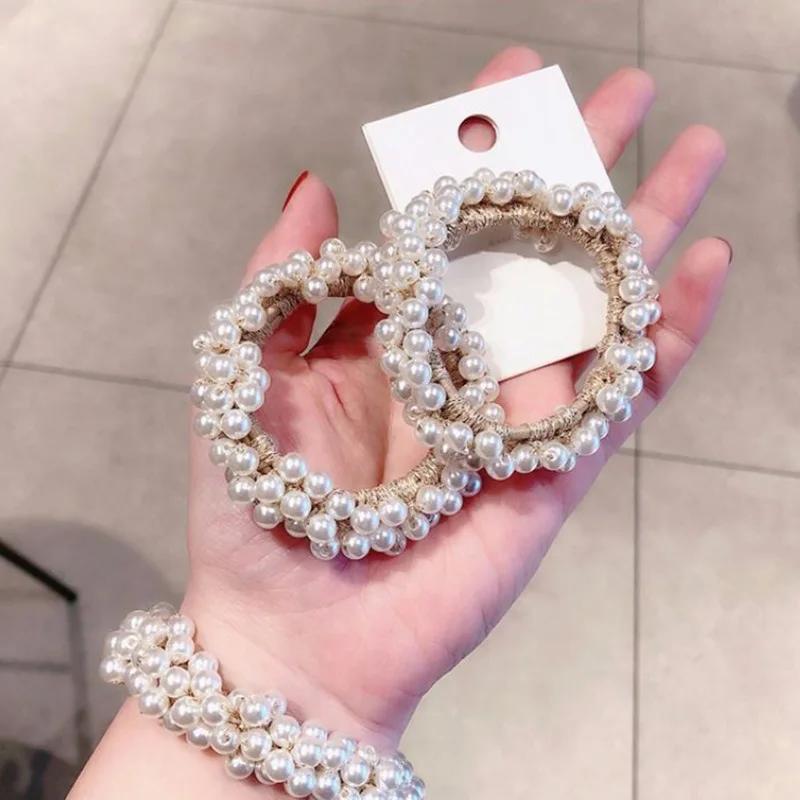 Girls Scrunchies Luxury Big Elegant White Pearl Hair Ties Beads Rubber Bands Ponytail Holders Elastic Hair Band Hair Accessories