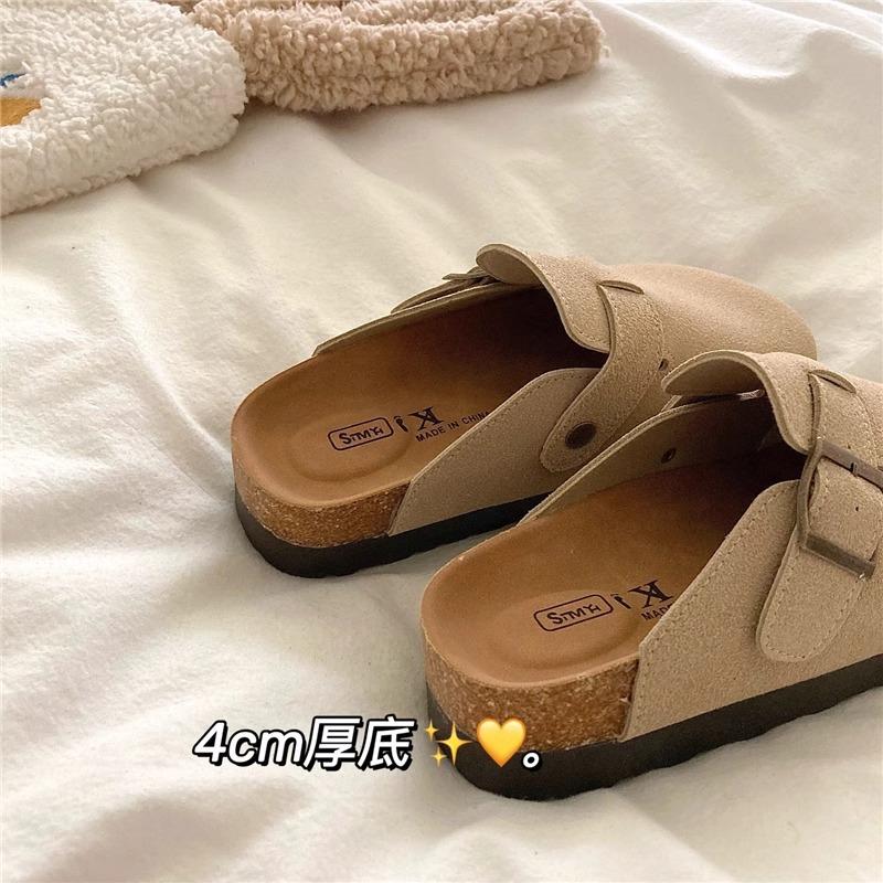 Good Texture Push~! 4cm Thick-soled Heightening Cork Boken Shoes Women's Autumn New Non-slip Bag Head Boken Slippers