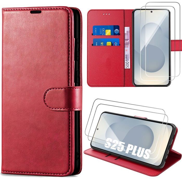 Coque de protection - BOOLING - pour Samsung Galaxy S25 Plus - Effet Cuir Rouge - 2 Verres Trempés - Antichoc