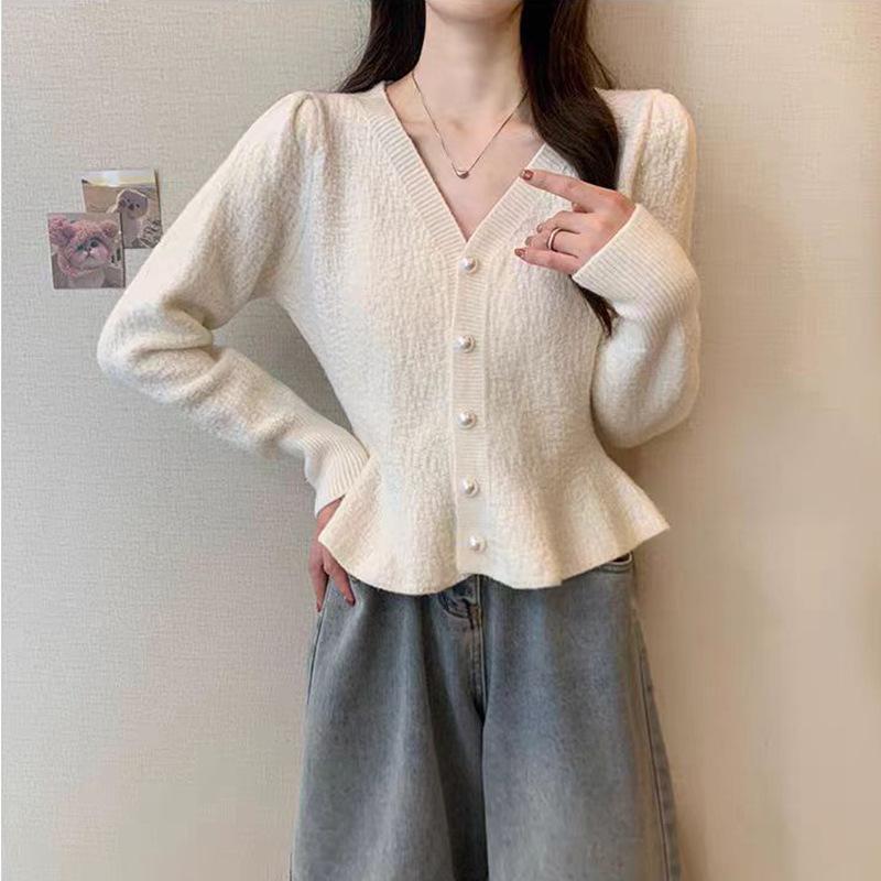 Spring Mermaid Hem Knitted Cardigan Top Women's New Korean Fashion Long Sleeved Pearl Buckle V-neck Sweater Jacket Women