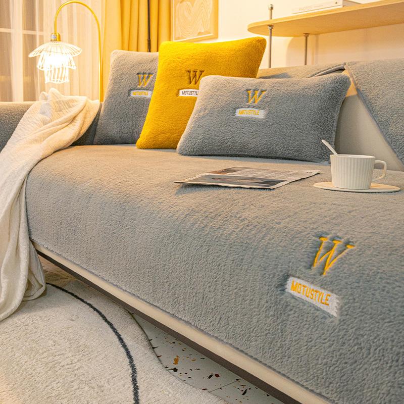 Lamb Wool Sofa Cushion Winter Plush Thick Cushion Fabric Sofa Cover Lamb Wool Solid Color Embroidery Anti Slip Sofa Protective Pad 45x45 pillowcase 1pcs 980₽