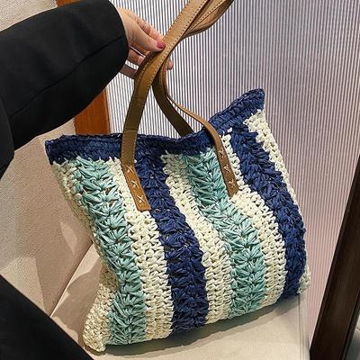 Summer Braided Straw Bag Women Handmade Stripes Totes Bag Bohemia Style Beach Bag Vacation Shoulder Bags