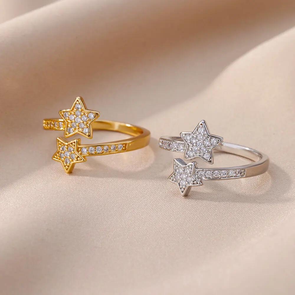 Zircon Double Star Rings For Women Girls Stainless Steel Gold Color Y2K Ring  New Trending Wedding Party Aesthetic Jewelry