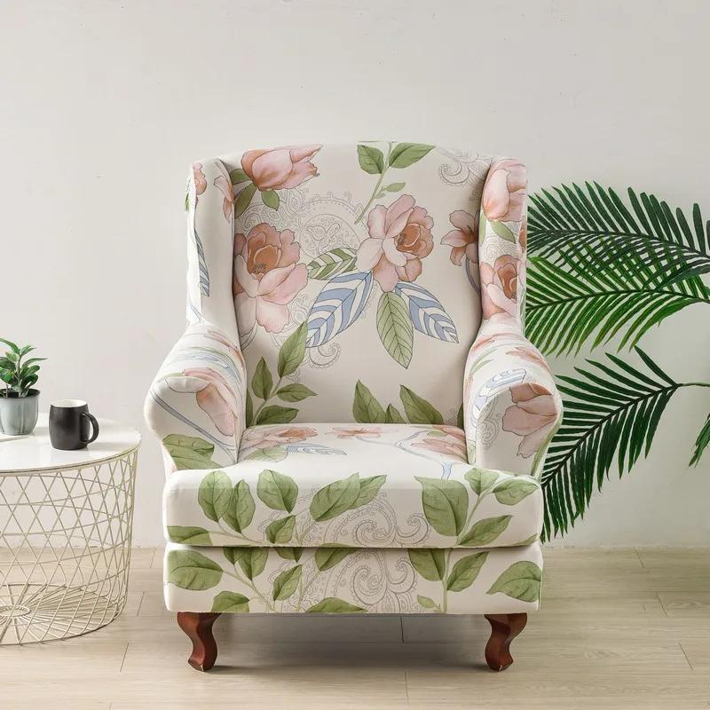 Spandex Wingback Chair Covers Stretch Wing Armchair Cover with Seat Cushion Cover Elastic Sofa Slipcover Flower Print Sofa Cover