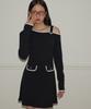 SALON DE YOHN One Shoulder Long Sleeve Mini Dress_ Black
