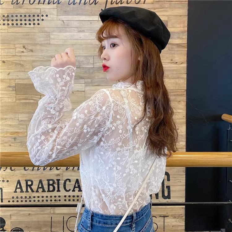 A/W 2026 Women's Stylish Mesh Lace Shirt with Bell Sleeves and Half-High Collar