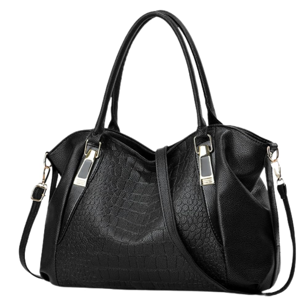 ORIJIRI Women s HandbagShoulder Bag, Crocodile-Style, Popular, Large Capacity, 2-Way, Cute PU Leather (Black)