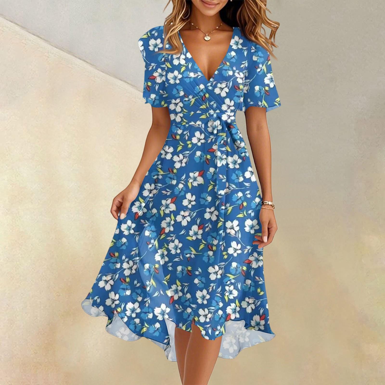 

Женское летнее модное расклешенное платье с V-образным вырезом и короткими рукавами с цветочным принтом XXL