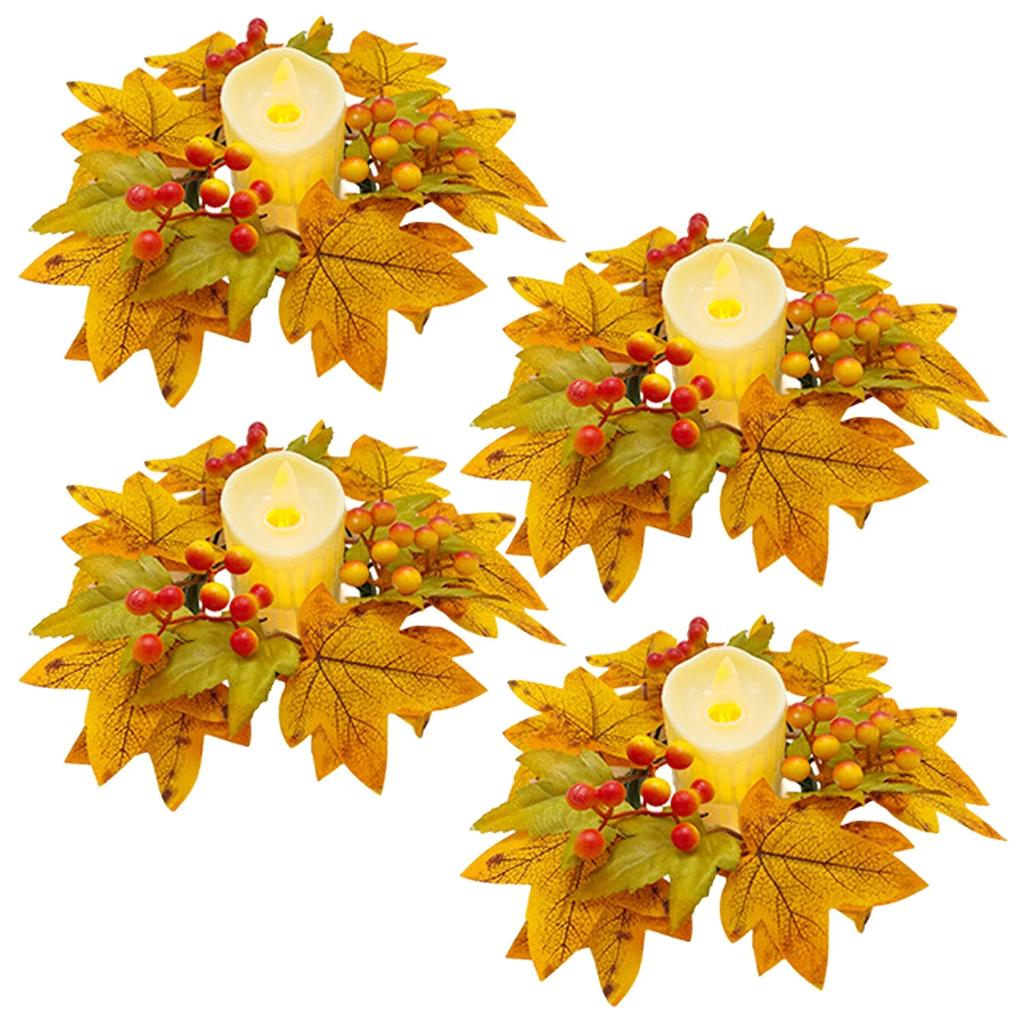 Maple Leaf Candle Ring Harvest Autumn Colors Maple Leaves Pumpkin Berries Artificial Candlestick Ornament Halloween Table Decor