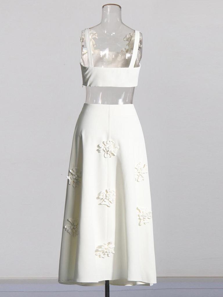2025 French Retro Summer Floral Spliced High-Waist Midi Skirt and Sling Top Set