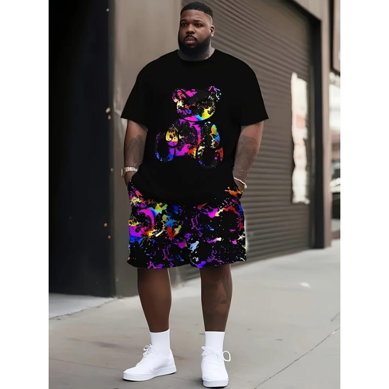 

Plus size men s casual suit T-shirt shorts, 3D digital printing round neck short-sleeved top and shorts 2-piece set S