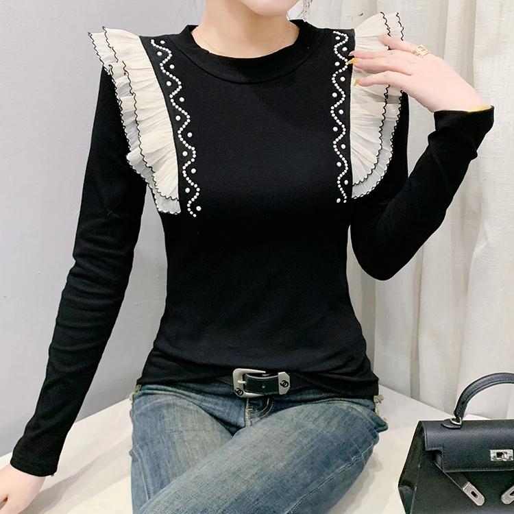 Spring Autumn Women's Black Clothes T-Shirt Sexy O-Neck Beading Pearls Tees Elegant Female Ruffles Long Sleeve Brand Tops