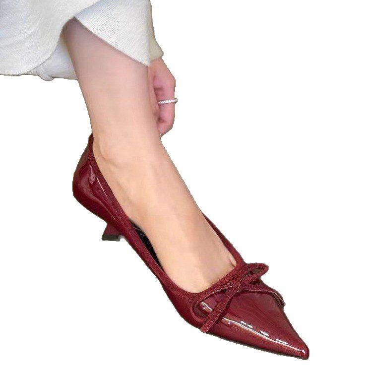 Huge good-looking~ Spring 2025 new versatile patent leather shallow mouth single shoes pointed thin heel bow high heels women