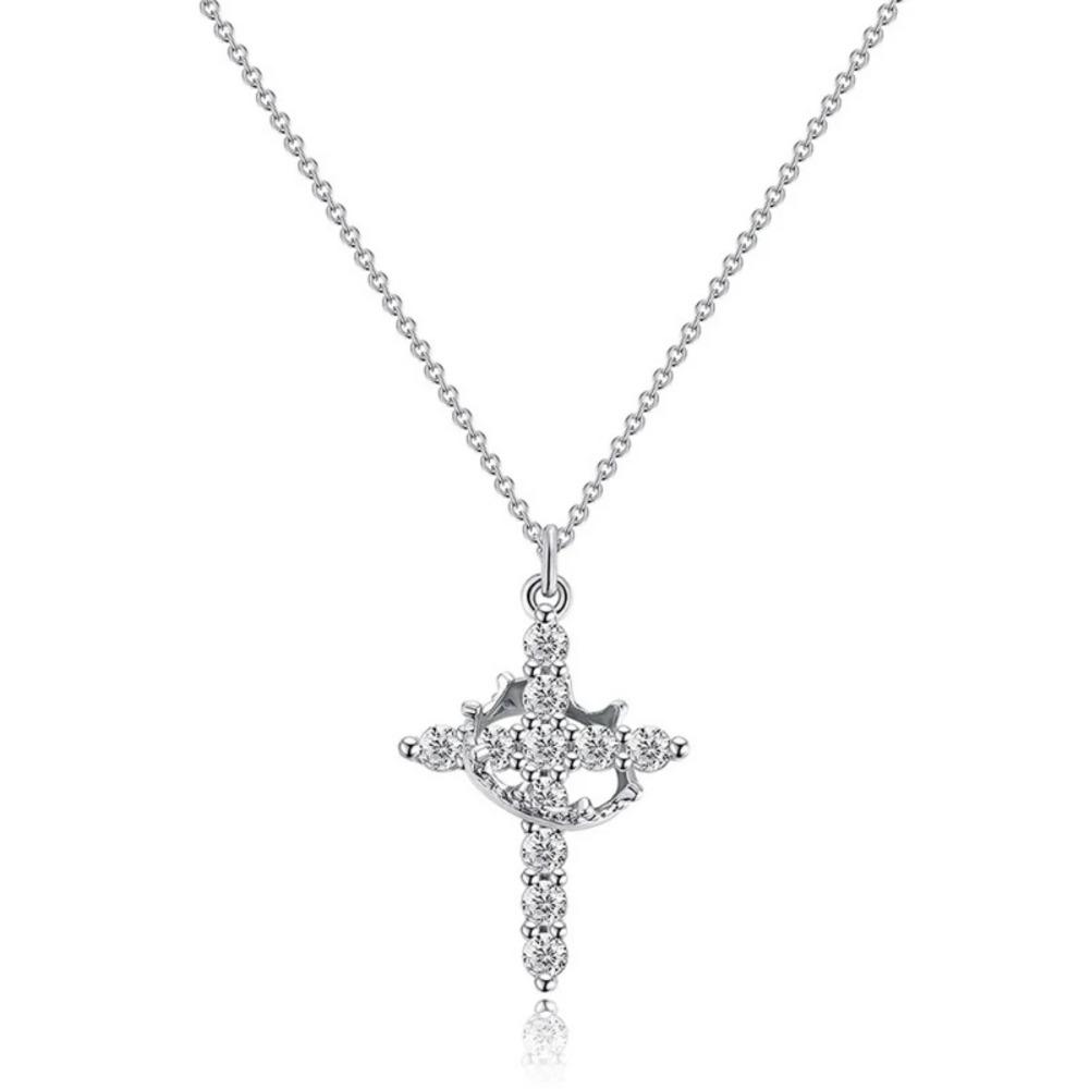 Rotatable Crown Zircon Cross Pendant Necklace Light Luxury Shiny Cross Stainless Steel Chain Choker For Women Men Prayer Jewelry
