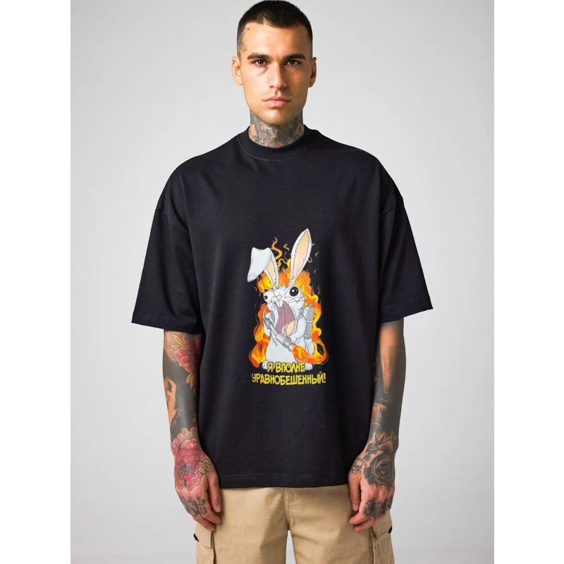 

White T-Shirt with Angry Bunny in Flames and Russian Text for Casual Wear XXXXL чёрный