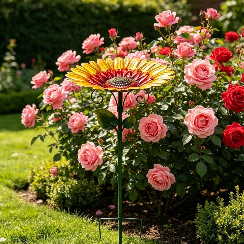 Sunflower Shape Bird Bath And Feeder Suitable For Outdoor Garden Lawn Patios Decoration With Weather Resistant Materials