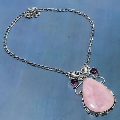 Natural Rose Quartz, Amethyst Gemstone 925 Sterling Silver Necklace 18" L7H14
