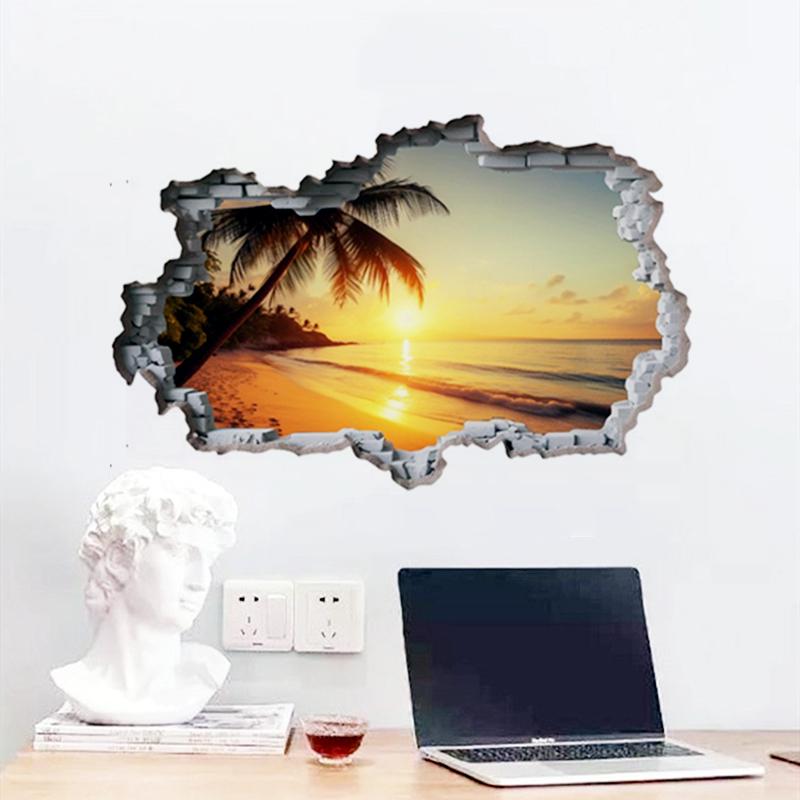 Sunshine Sea View Mural For Home Decoration Aesthetic Rooms Wall Hole Art Blue Water Beach Coconut Trees Vinyl Poster Stickers