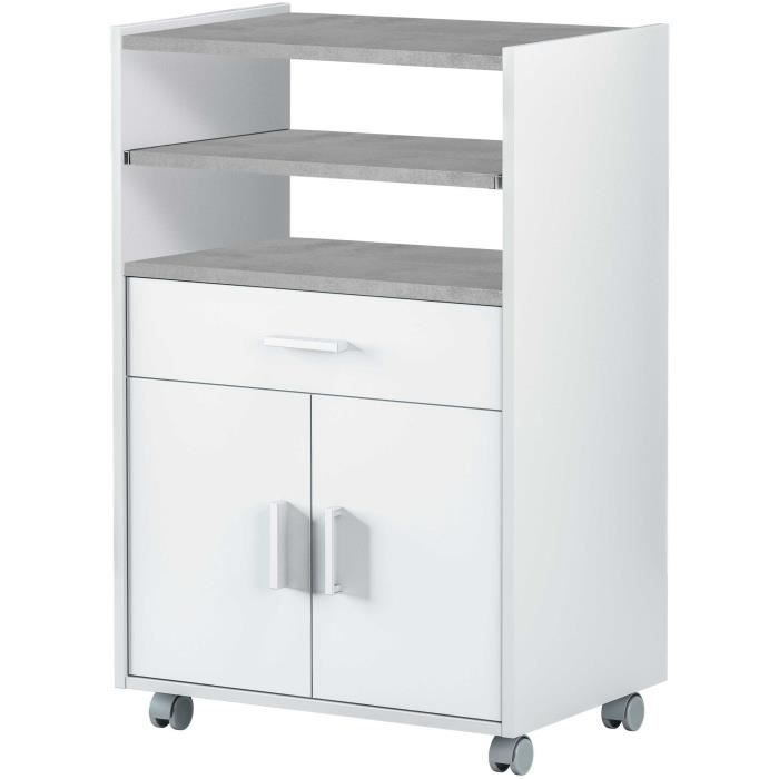 Meuble Micro-ondes TIDY - Blanc Artik Béton - 2 Portes + 1 Tiroir - L92 X H59 X P40 Cm