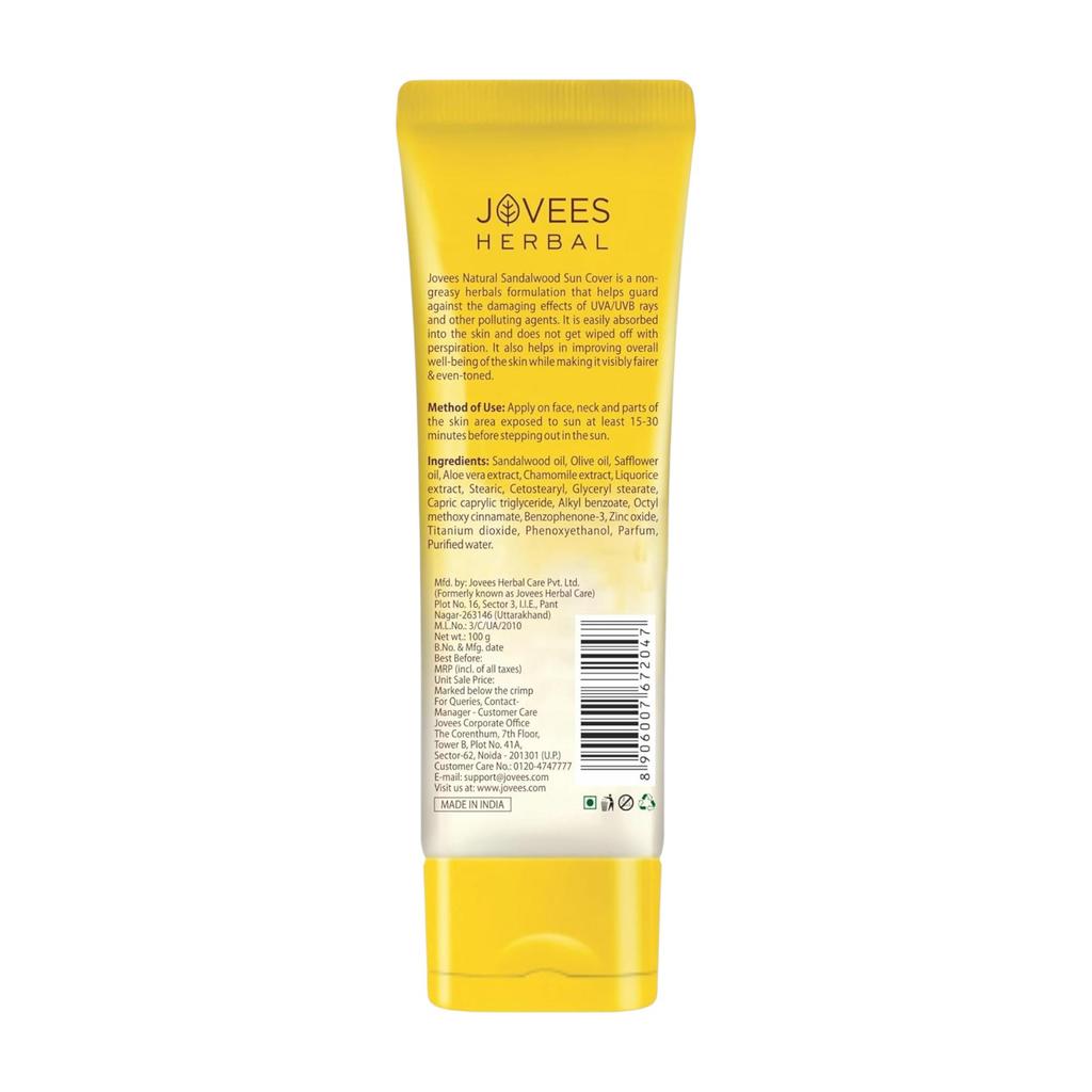 Jovees Herbal Sandalwood Natural Sun Cover SPF 30 Lightweight Oil Free Sunscreen For All Skin Types 100g