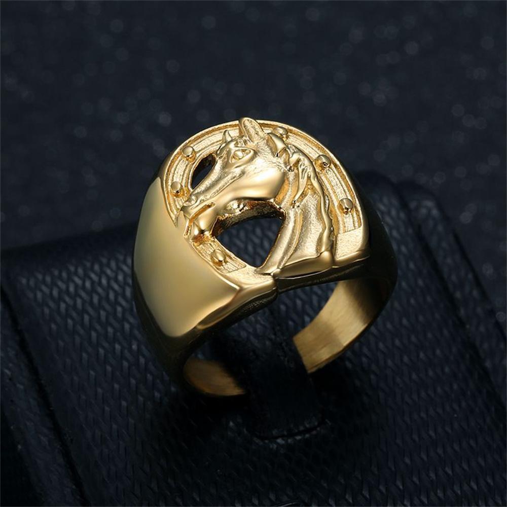 Punk Horseshoe Horse Head Ring Male Gold Color Stainless Steel Big Animal Rings For Men Party Jewelry Gift