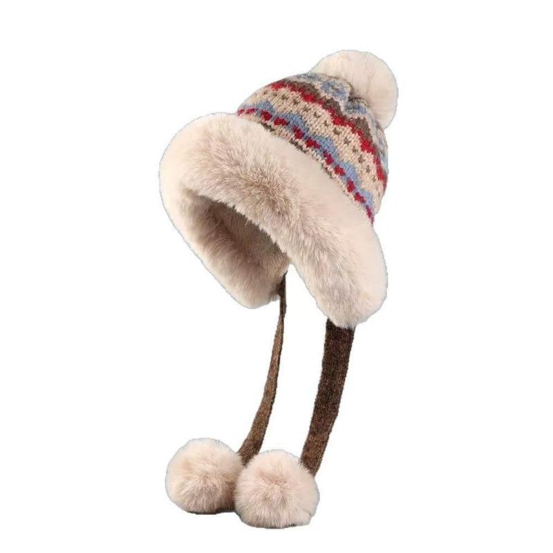 Winter Knitted Knitted Hat Warm Balaclava Hat Windproof Pompom Ear Protection Hat Fur Balls Thicken Beanie Hat Autumn and Winter