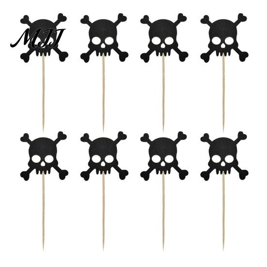 Cake Decoration for Halloween 8 Pcs Glitter Cupcake Picks, Spooky Black Skull Cream Safe Topper Toppers, Gothic Birthday Party Supplies