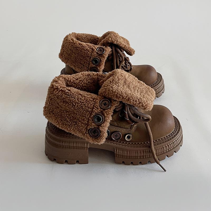

Fashion retro British lapel Martin boots women s 2025 autumn and winter new two-wear button-tie velvet fashion boots 40