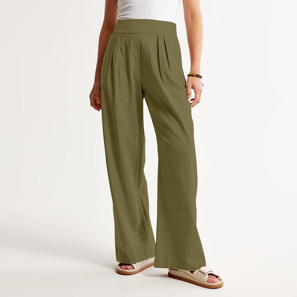 Women'S Summer Linen Blend Ultra Wide-Leg Pant Long Slacks High Waist Trousers Pocket