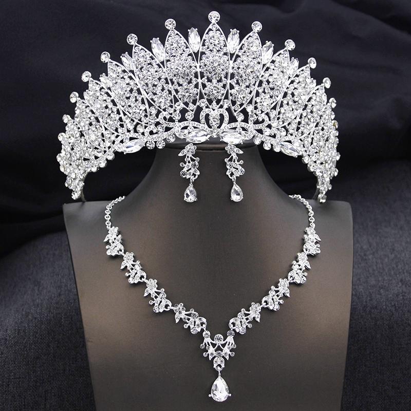 Quality Blue Tiaras and Crowns Bridal Jewelry Sets for Women Prom Wedding Crown necklace earrings Set Costume Accessories