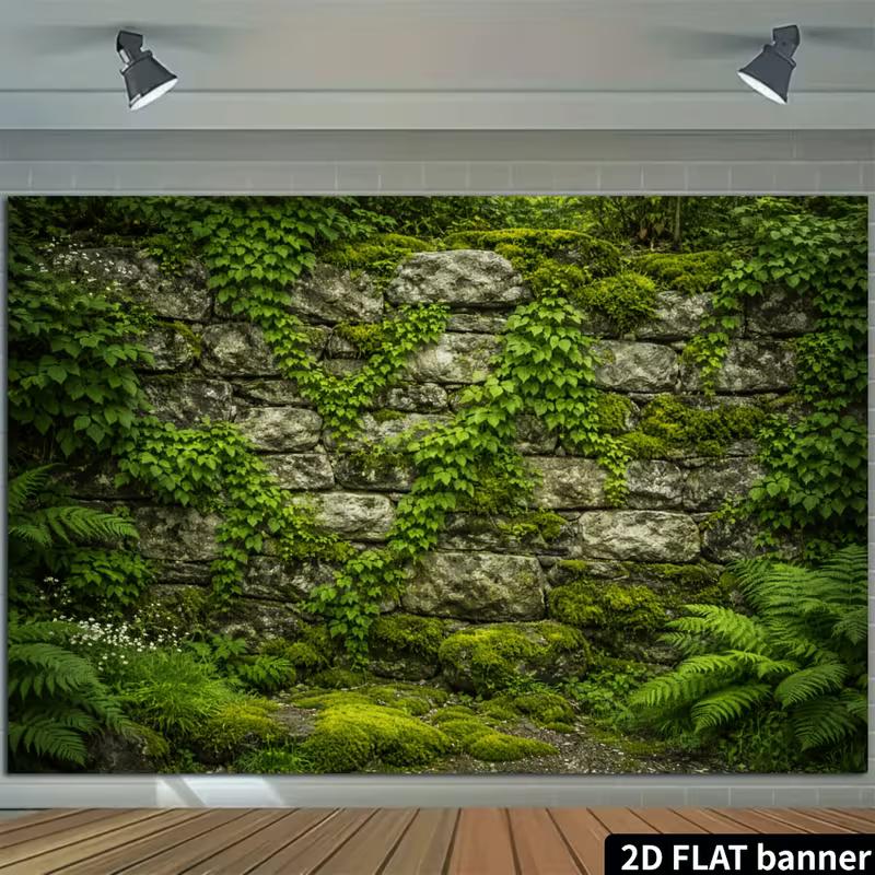 2D Enchanted Forest Wall with Greenery and Wildflowers Photo Background