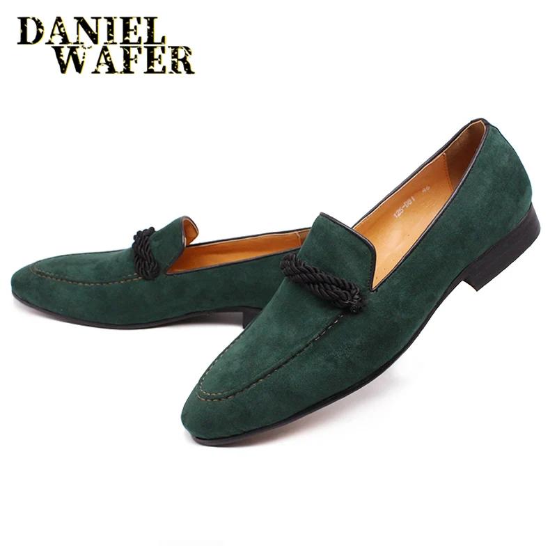 Fashion Luxury Brand Men's Suede Loafers Handmade Slip on Green Causal Shoes Penny Loafer Formal Dress Office Wedding Leather Shoes Men