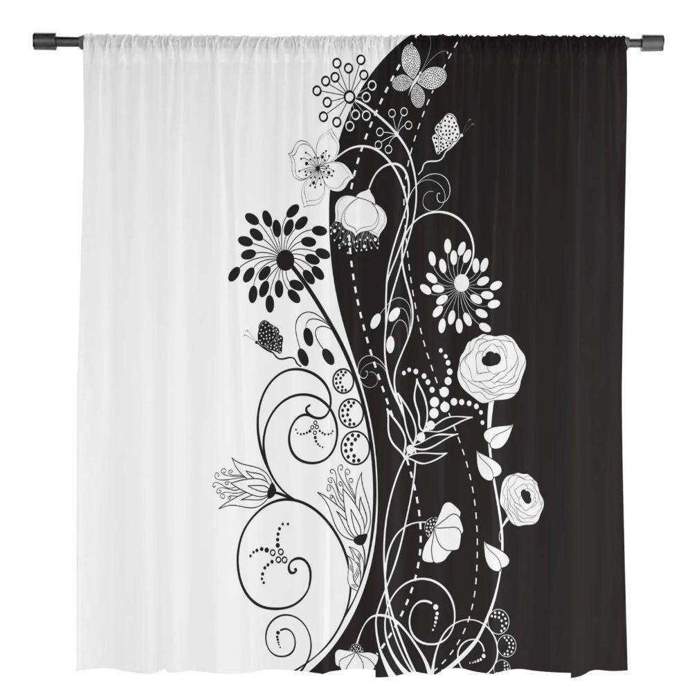 Czarno-biały wzór kwiatowy tiulowe zasłony do salonu dekoracja sypialni przezroczysta szyfonowa zasłona okienna z prześwitującego woalu