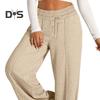 Damen Freizeithose, elastische hohe Taille, verstellbarer Kordelzug, gerade Hose mit weitem Bein und Taschen, einfarbig, lange Hose