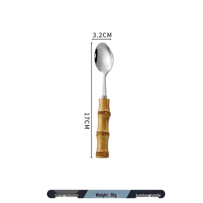 Umweltfreundliches Besteckset mit Bambusgriff: Edelstahl Dessertlöffel, Gabel, Teelöffel und Steakmesser mit Bambusgelenk-Design