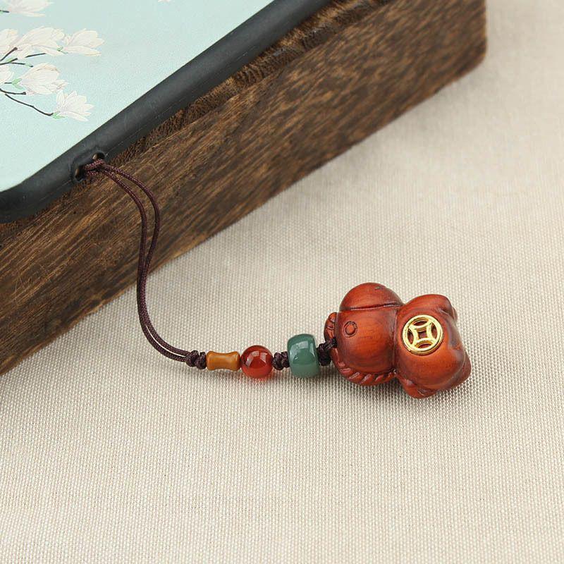 Chinese Style Sandalwood Horse Copper Coin Keychain & Phone Charm