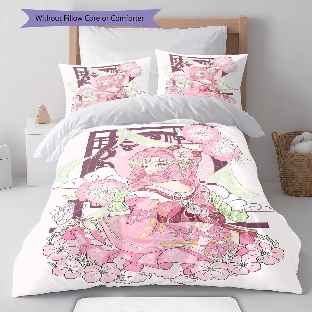 Demon Slayer Pattern Bedding,Quilt Set Quilt Cover Pillowcase Home Birthday Gift (1 * Duvet Cover + 2 * Pillowcase, Without Core)
