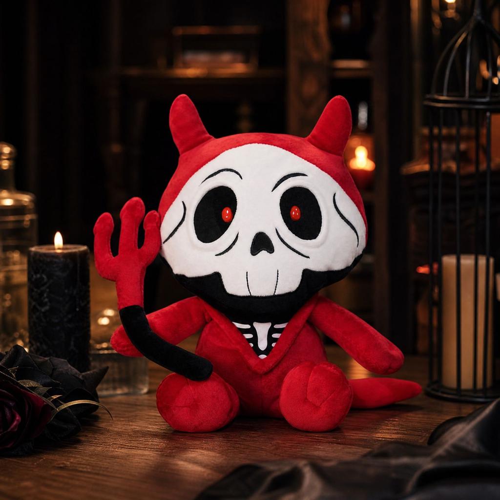 Skeleton Plush Doll with Horns, Tail And, Gothic Devil Plush Toy Halloween Decoration Collectible Gift